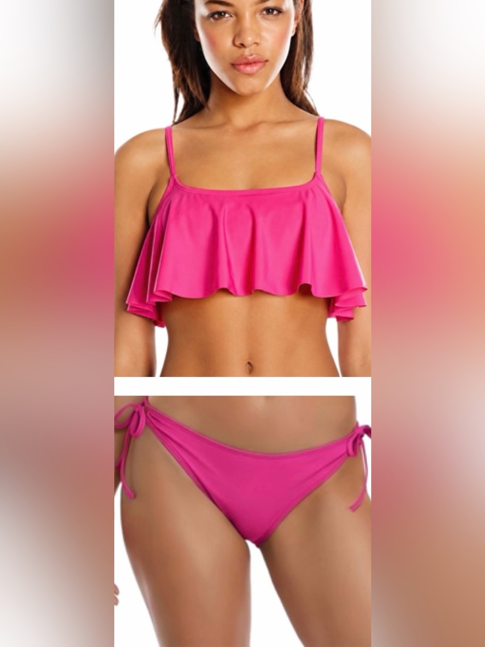 ROXY Vibrant/Hot-Pink Flounce Flutter Ruffle Tie-Side Bikini Set